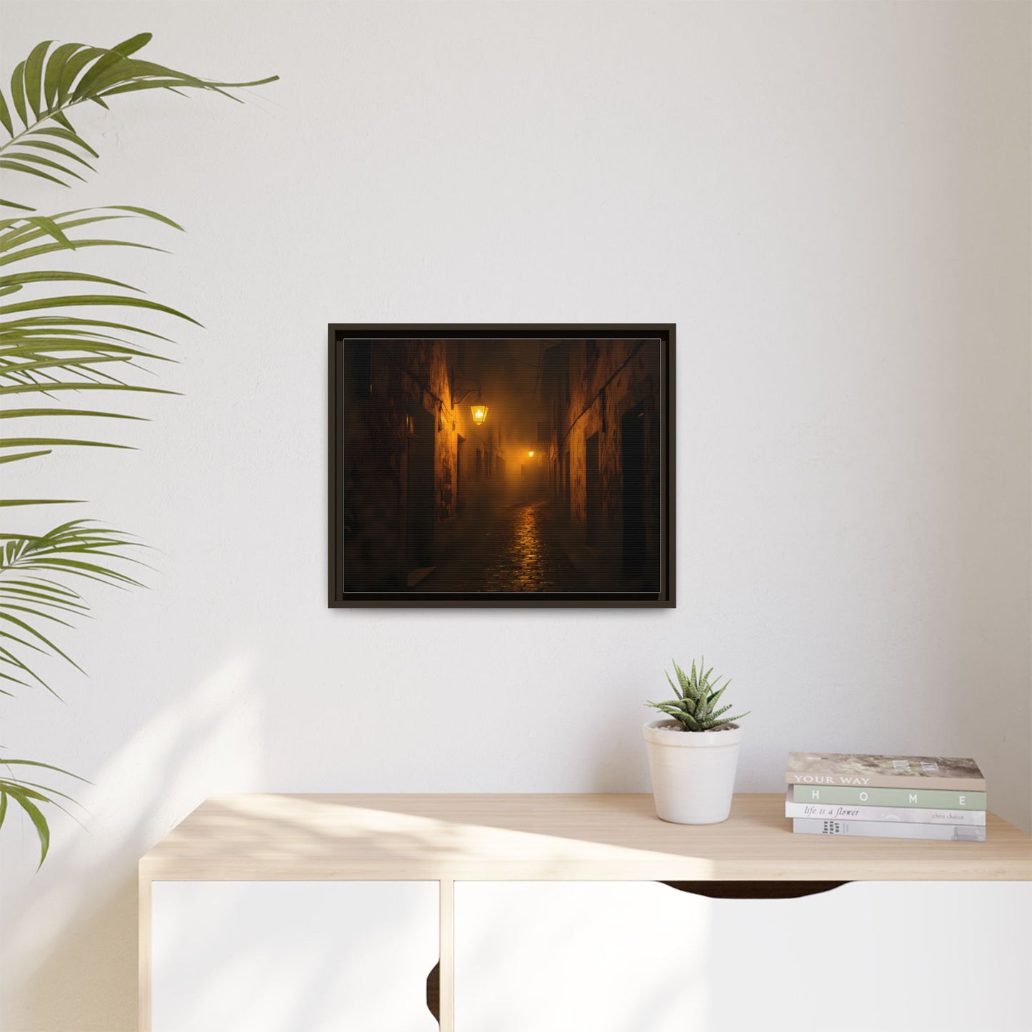 Framed Canvas Art, Foggy Street, Moody Wall Decor, Cozy Home Aesthetic, Gift for Art Lovers, Nighttime Atmosphere