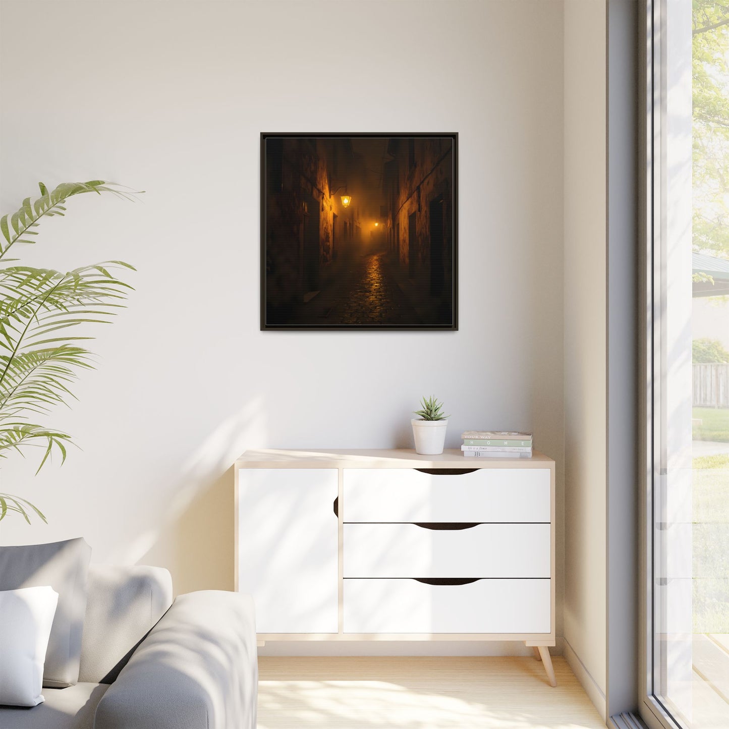 Framed Canvas Art, Foggy Street, Moody Wall Decor, Cozy Home Aesthetic, Gift for Art Lovers, Nighttime Atmosphere