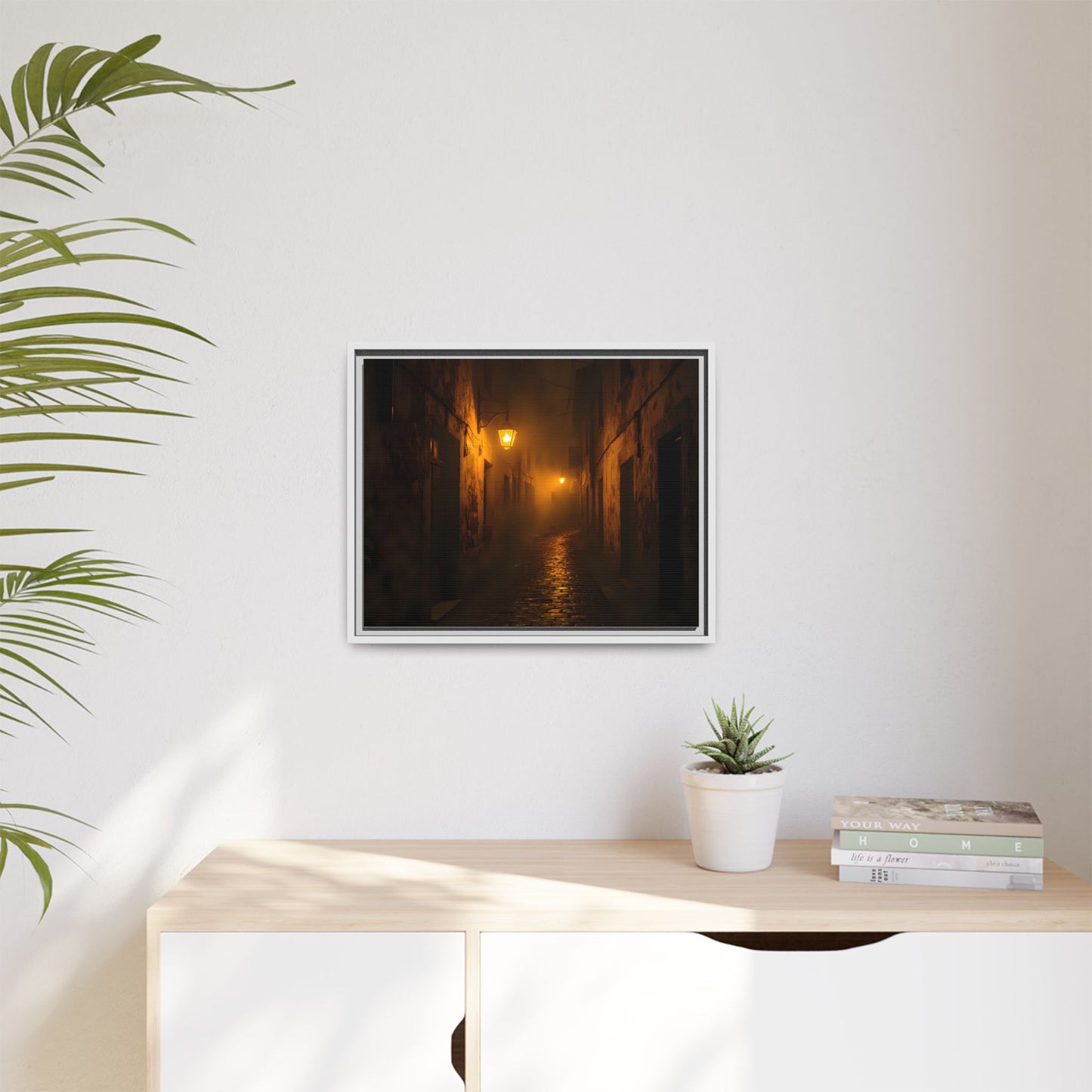 Framed Canvas Art, Foggy Street, Moody Wall Decor, Cozy Home Aesthetic, Gift for Art Lovers, Nighttime Atmosphere