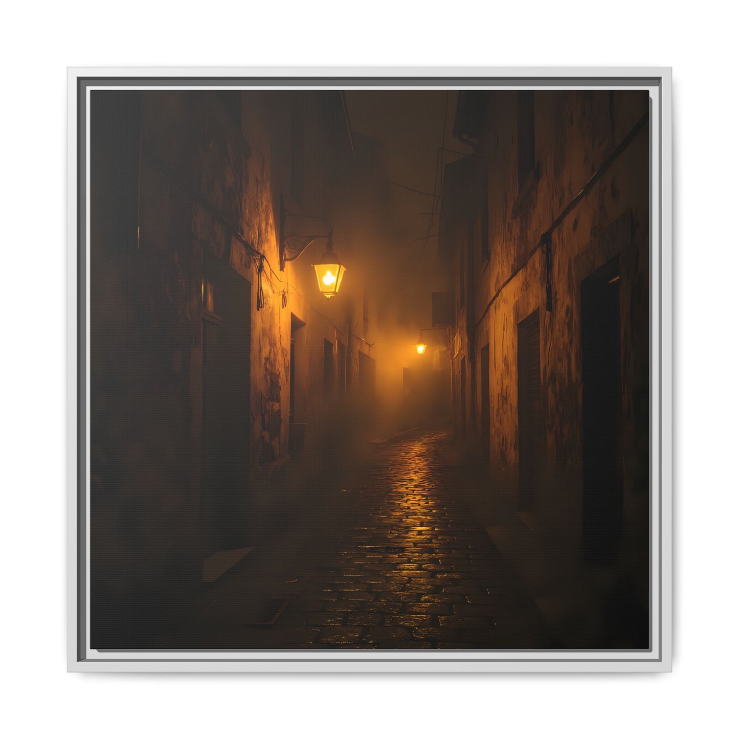 Framed Canvas Art, Foggy Street, Moody Wall Decor, Cozy Home Aesthetic, Gift for Art Lovers, Nighttime Atmosphere