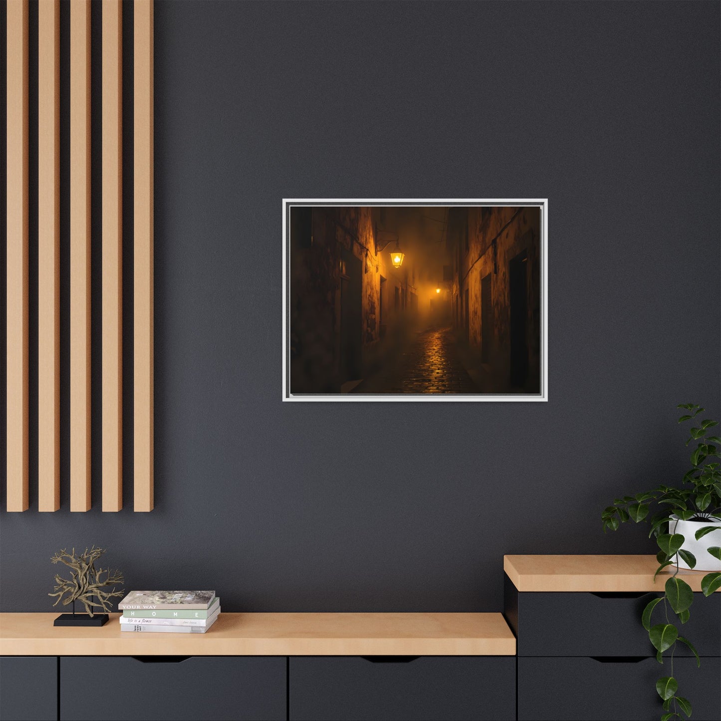 Framed Canvas Art, Foggy Street, Moody Wall Decor, Cozy Home Aesthetic, Gift for Art Lovers, Nighttime Atmosphere