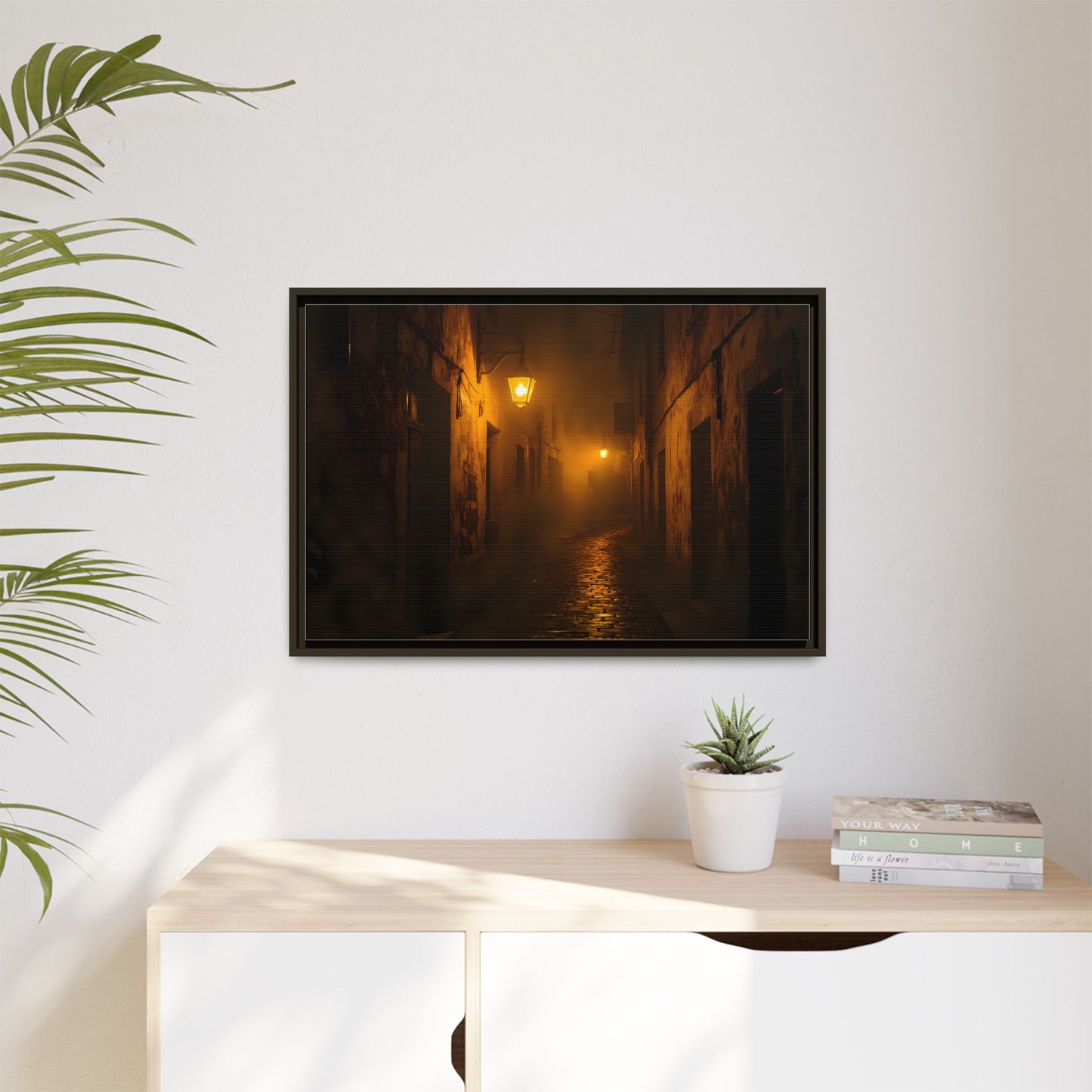 Framed Canvas Art, Foggy Street, Moody Wall Decor, Cozy Home Aesthetic, Gift for Art Lovers, Nighttime Atmosphere