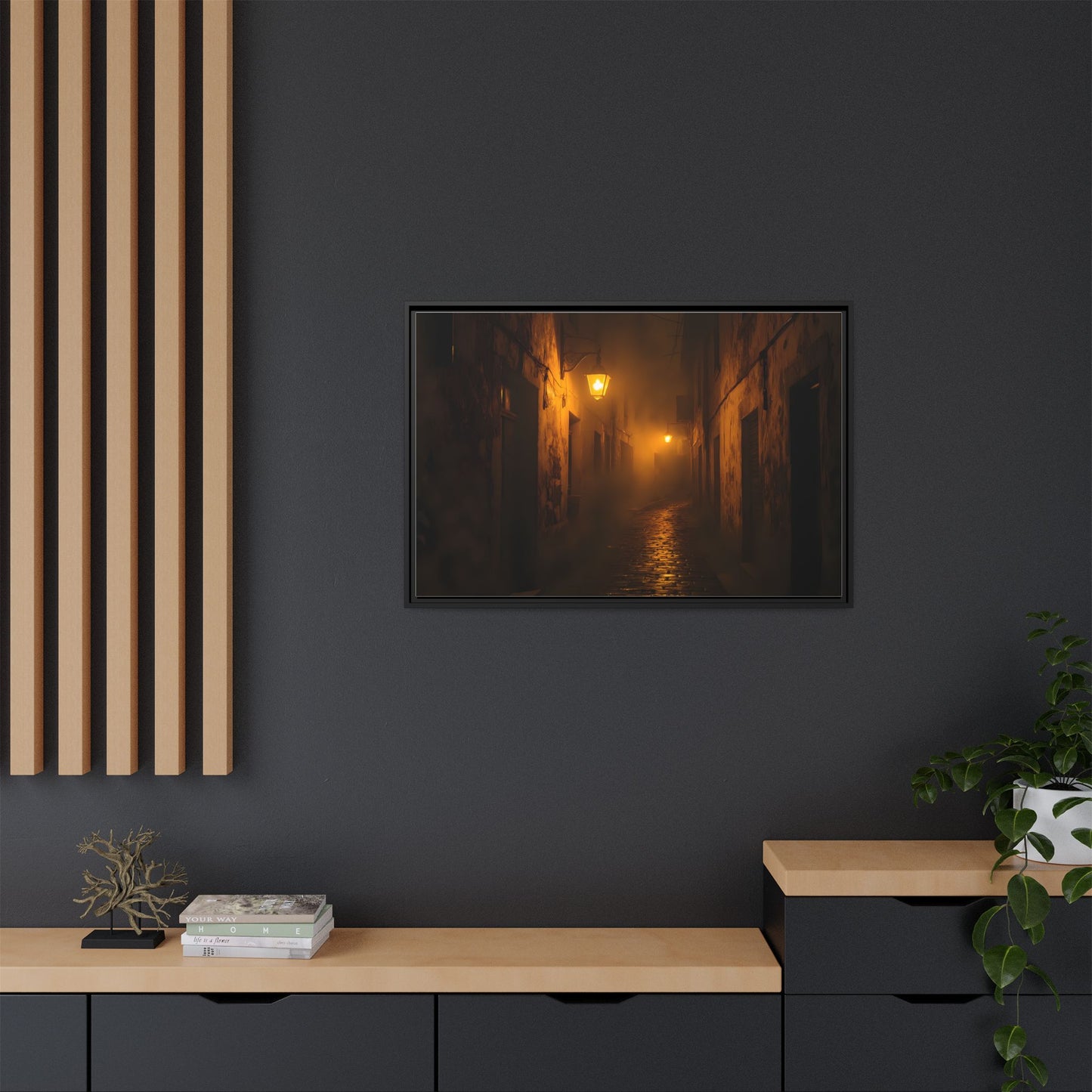 Framed Canvas Art, Foggy Street, Moody Wall Decor, Cozy Home Aesthetic, Gift for Art Lovers, Nighttime Atmosphere