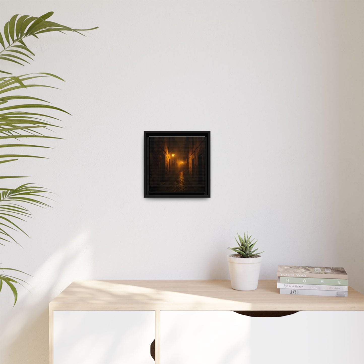 Framed Canvas Art, Foggy Street, Moody Wall Decor, Cozy Home Aesthetic, Gift for Art Lovers, Nighttime Atmosphere