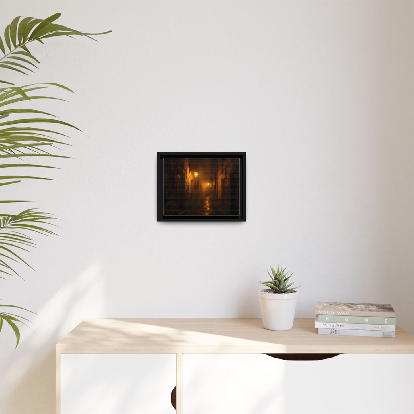 Framed Canvas Art, Foggy Street, Moody Wall Decor, Cozy Home Aesthetic, Gift for Art Lovers, Nighttime Atmosphere