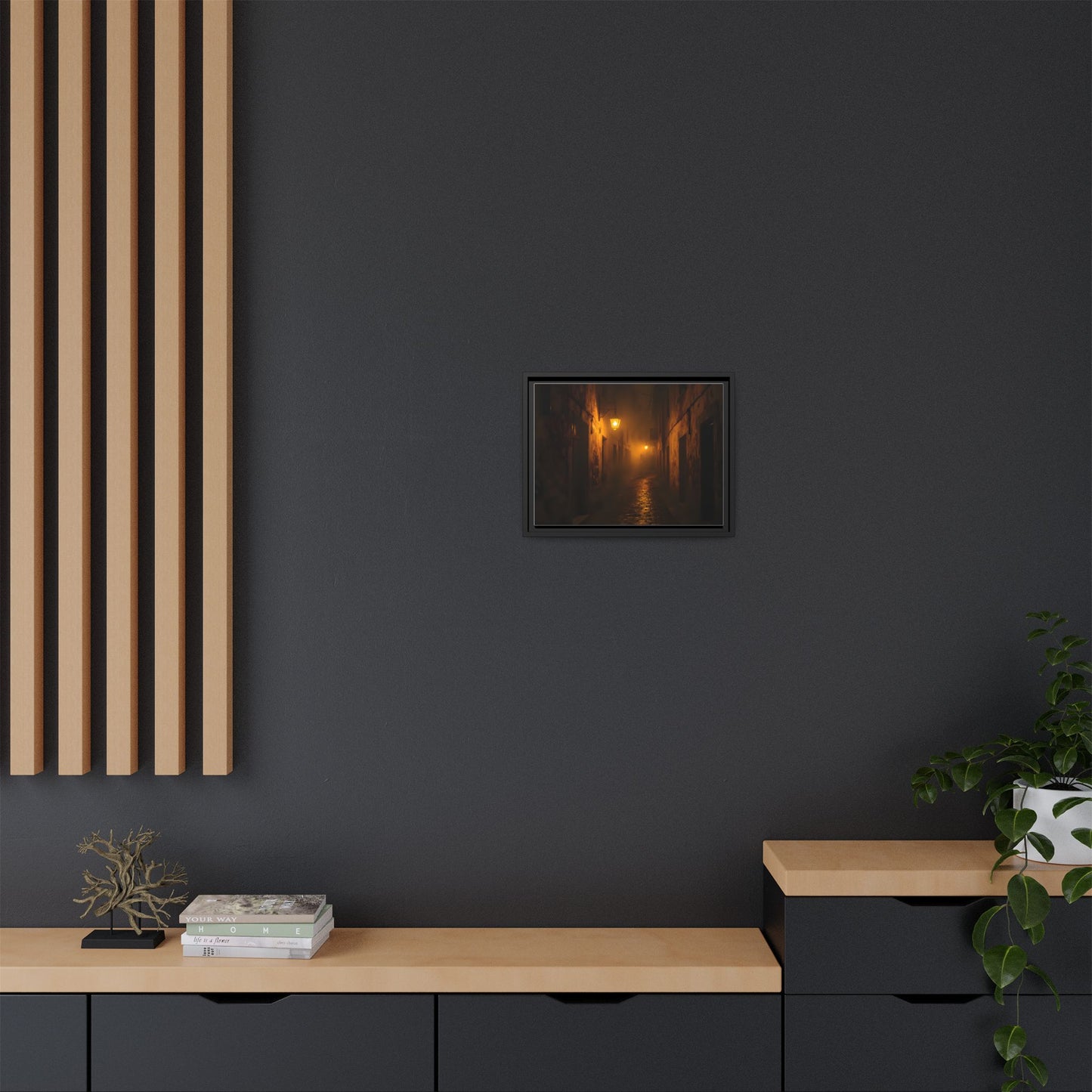 Framed Canvas Art, Foggy Street, Moody Wall Decor, Cozy Home Aesthetic, Gift for Art Lovers, Nighttime Atmosphere