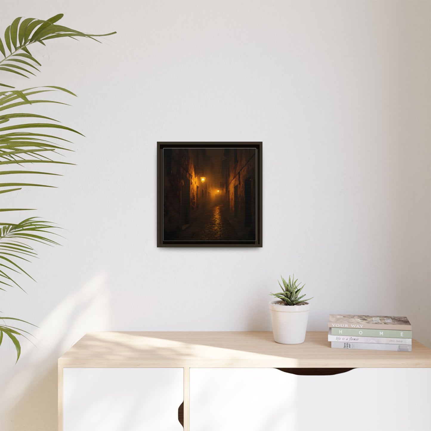 Framed Canvas Art, Foggy Street, Moody Wall Decor, Cozy Home Aesthetic, Gift for Art Lovers, Nighttime Atmosphere