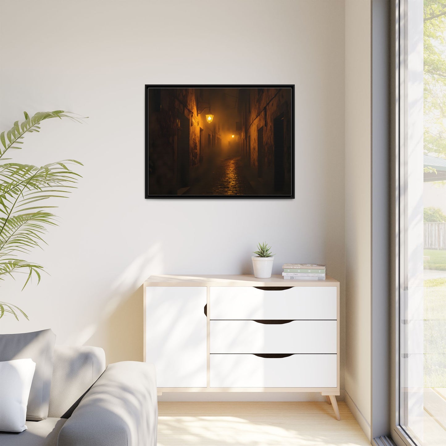 Framed Canvas Art, Foggy Street, Moody Wall Decor, Cozy Home Aesthetic, Gift for Art Lovers, Nighttime Atmosphere