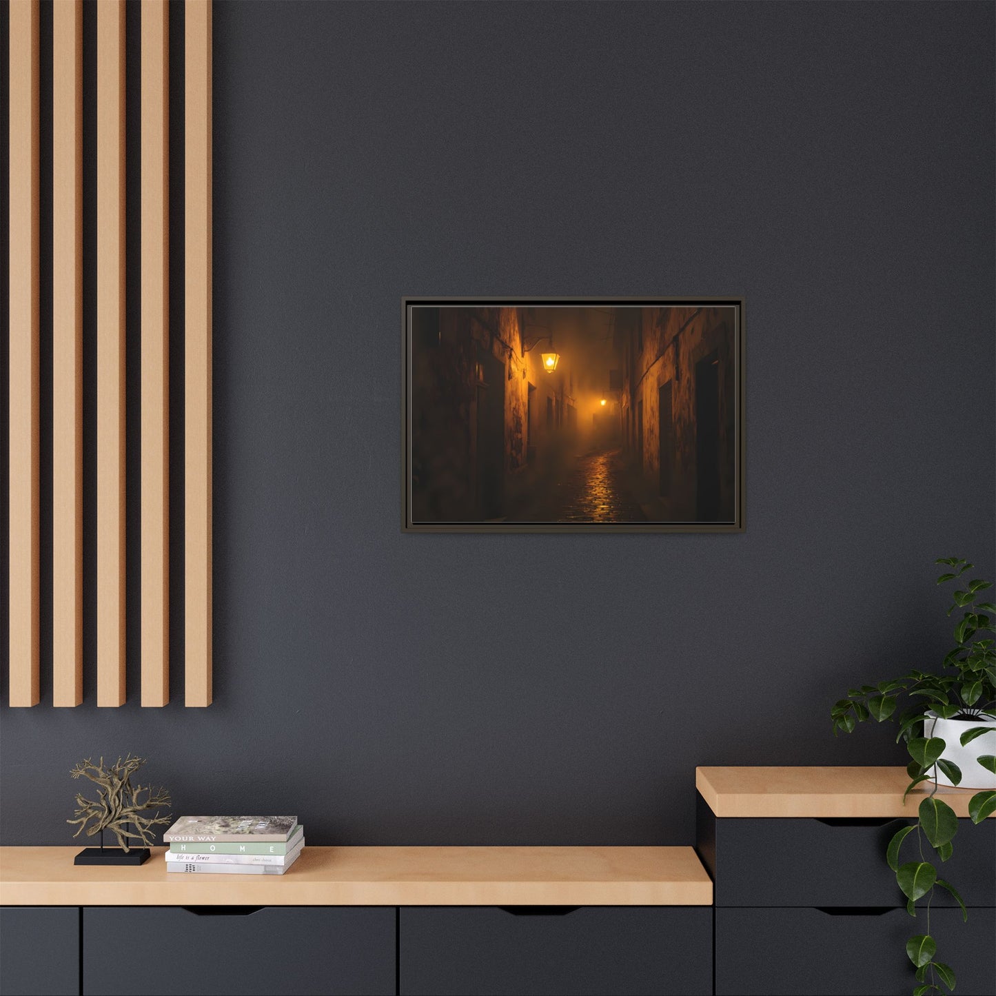 Framed Canvas Art, Foggy Street, Moody Wall Decor, Cozy Home Aesthetic, Gift for Art Lovers, Nighttime Atmosphere