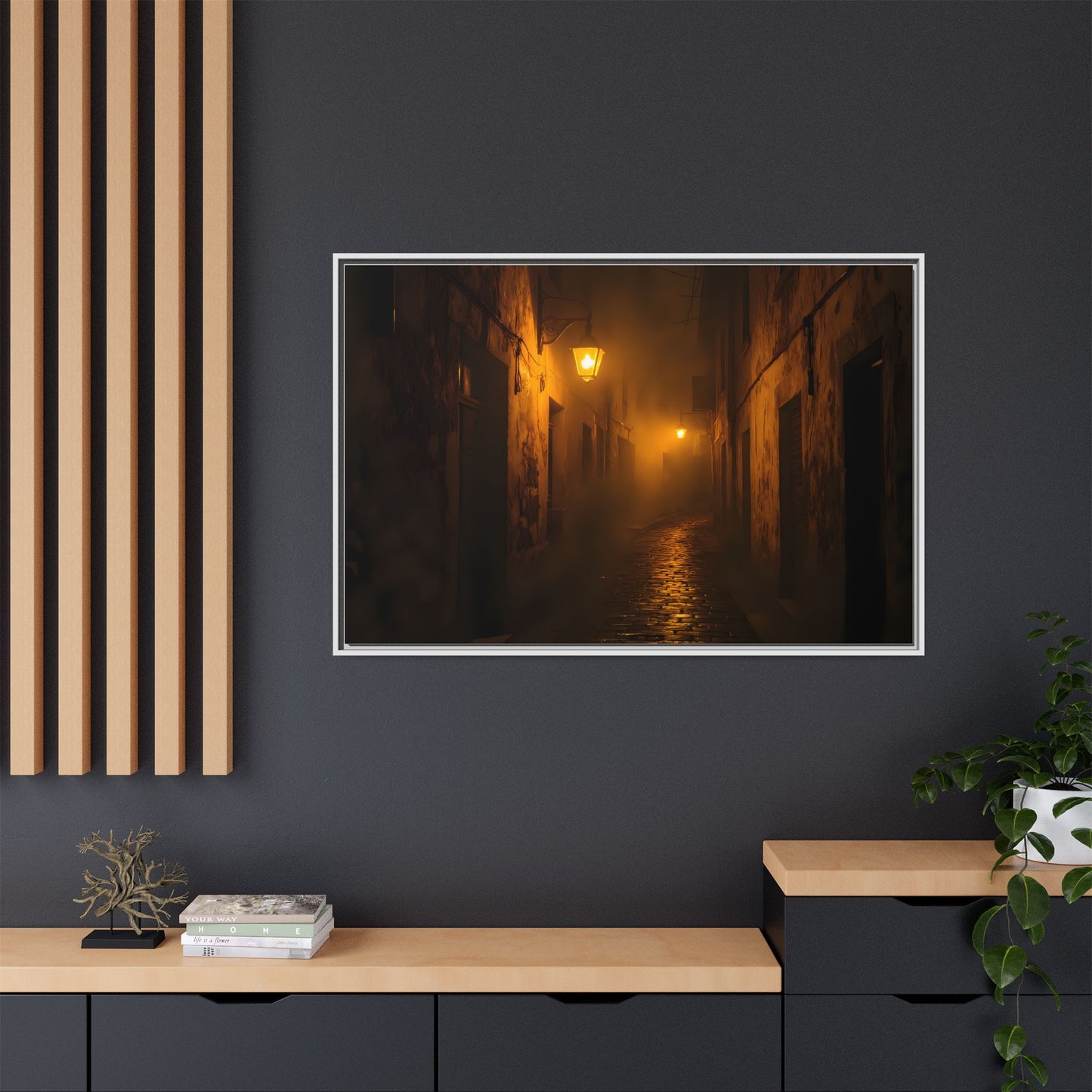 Framed Canvas Art, Foggy Street, Moody Wall Decor, Cozy Home Aesthetic, Gift for Art Lovers, Nighttime Atmosphere