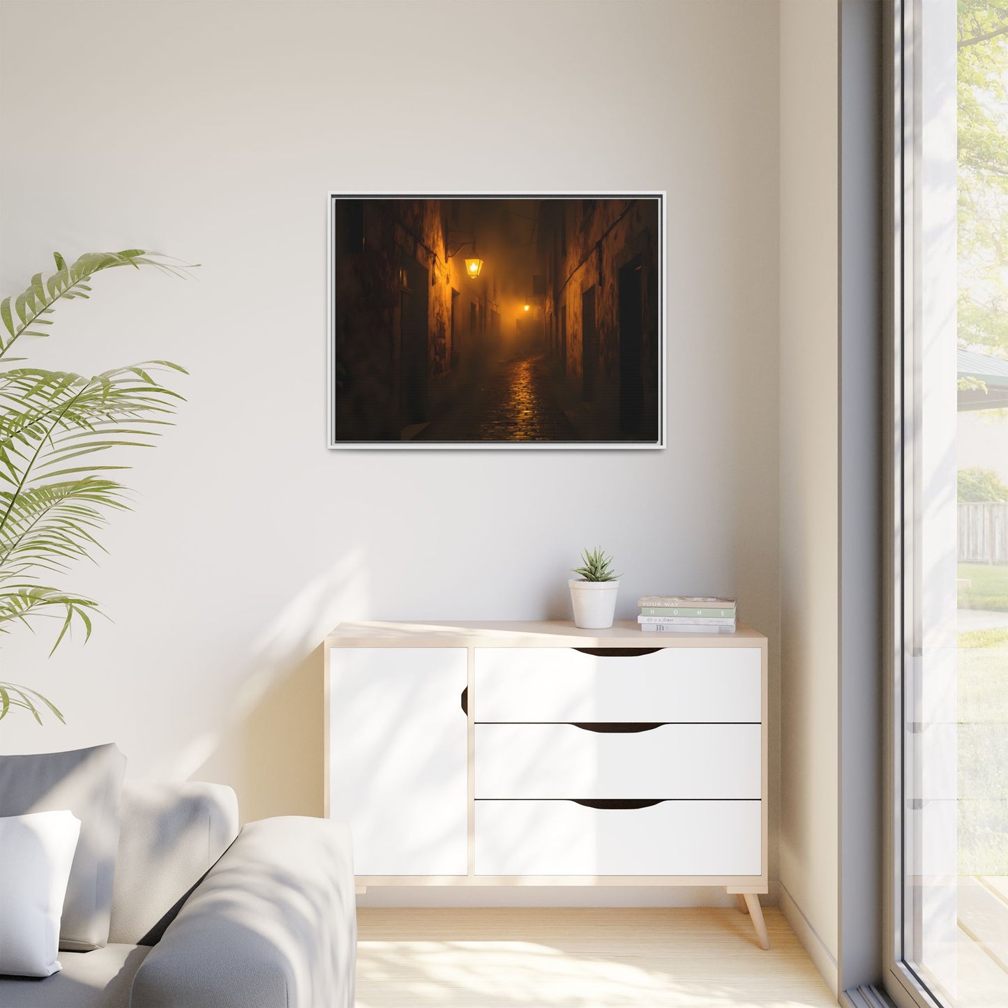 Framed Canvas Art, Foggy Street, Moody Wall Decor, Cozy Home Aesthetic, Gift for Art Lovers, Nighttime Atmosphere