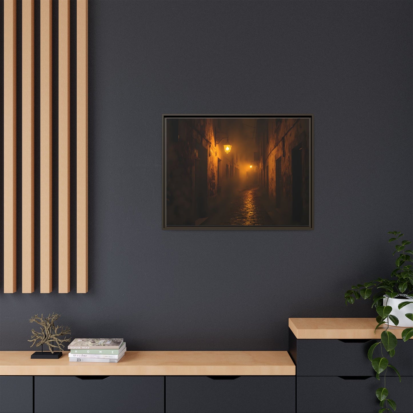 Framed Canvas Art, Foggy Street, Moody Wall Decor, Cozy Home Aesthetic, Gift for Art Lovers, Nighttime Atmosphere