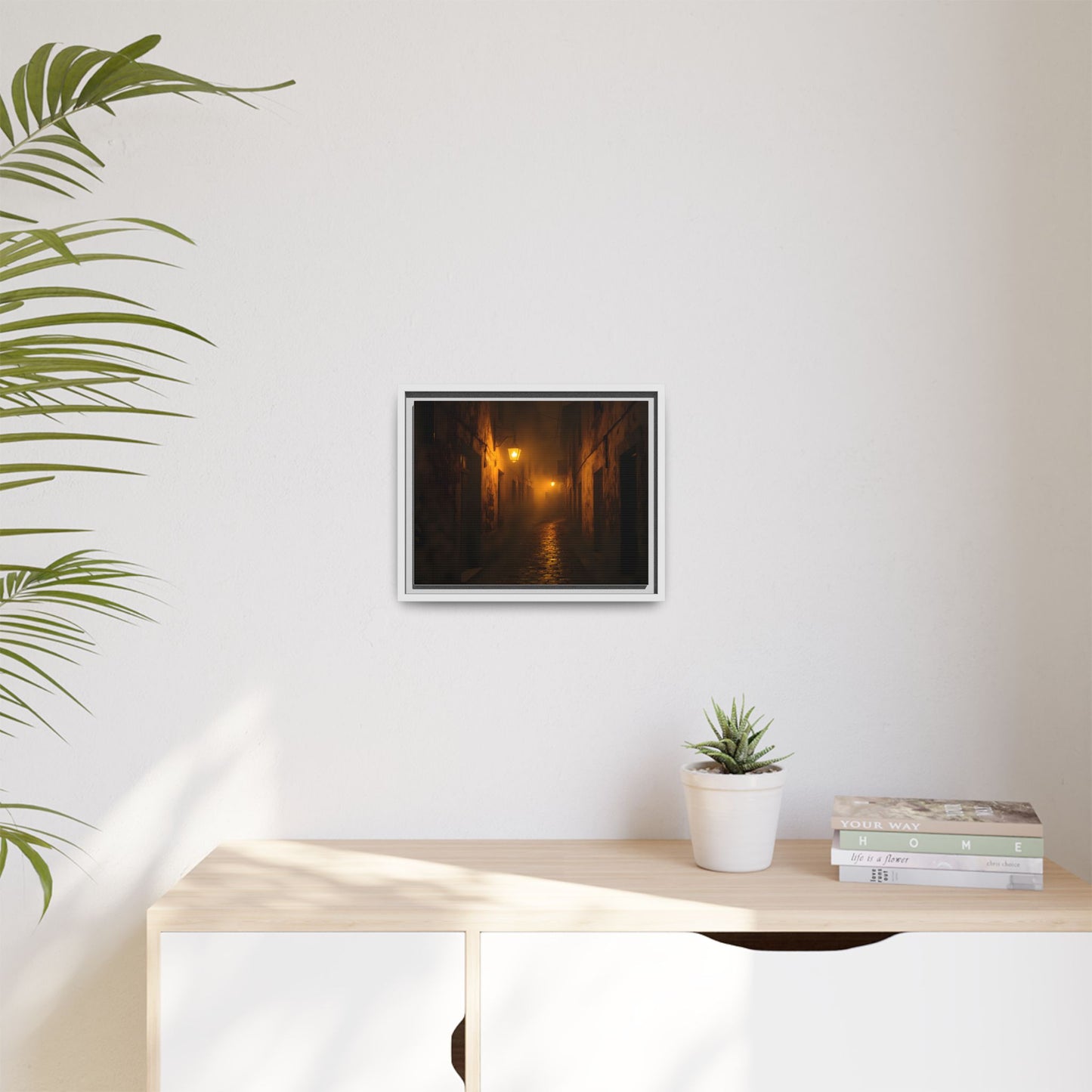 Framed Canvas Art, Foggy Street, Moody Wall Decor, Cozy Home Aesthetic, Gift for Art Lovers, Nighttime Atmosphere