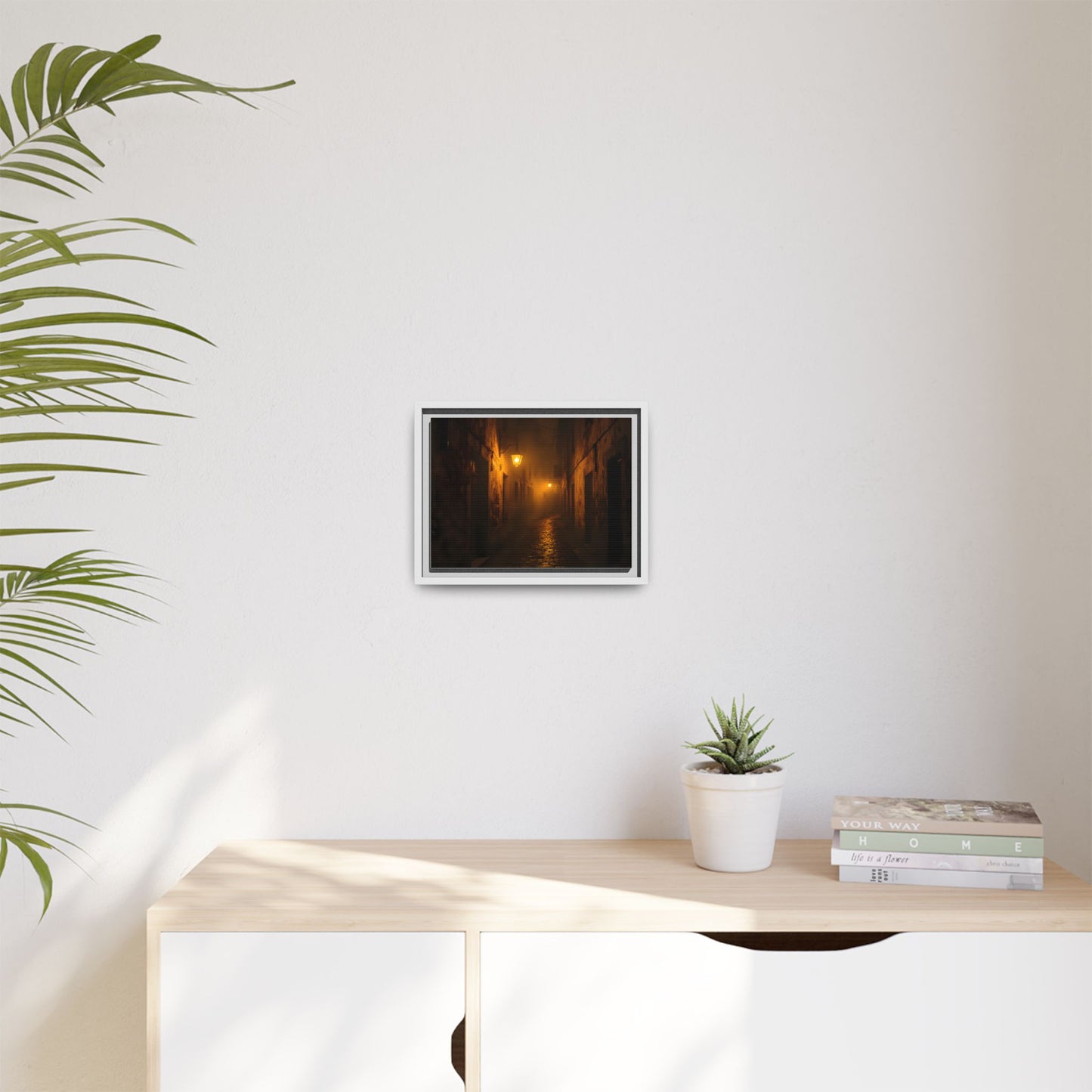 Framed Canvas Art, Foggy Street, Moody Wall Decor, Cozy Home Aesthetic, Gift for Art Lovers, Nighttime Atmosphere