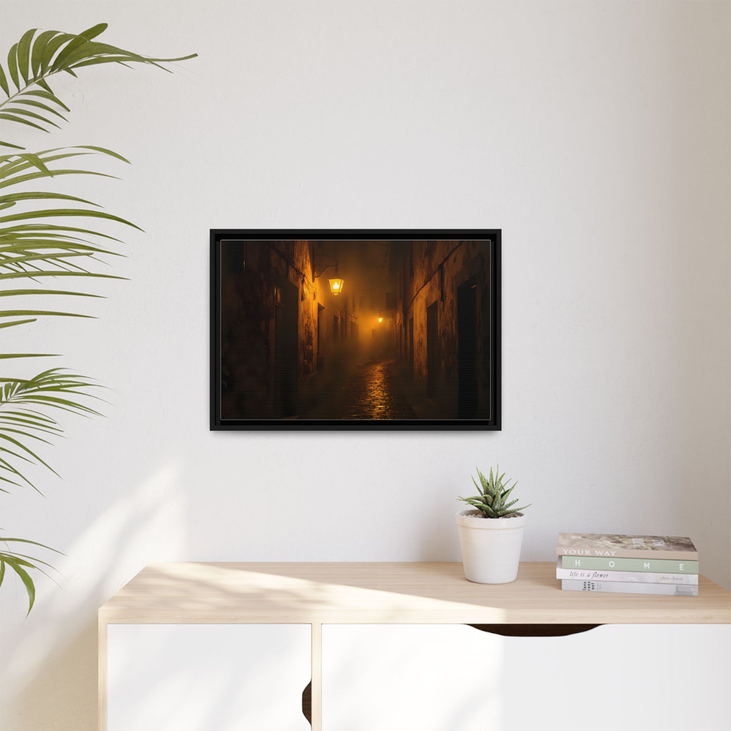 Framed Canvas Art, Foggy Street, Moody Wall Decor, Cozy Home Aesthetic, Gift for Art Lovers, Nighttime Atmosphere