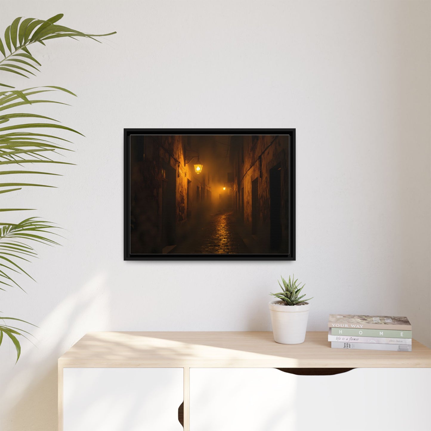 Framed Canvas Art, Foggy Street, Moody Wall Decor, Cozy Home Aesthetic, Gift for Art Lovers, Nighttime Atmosphere
