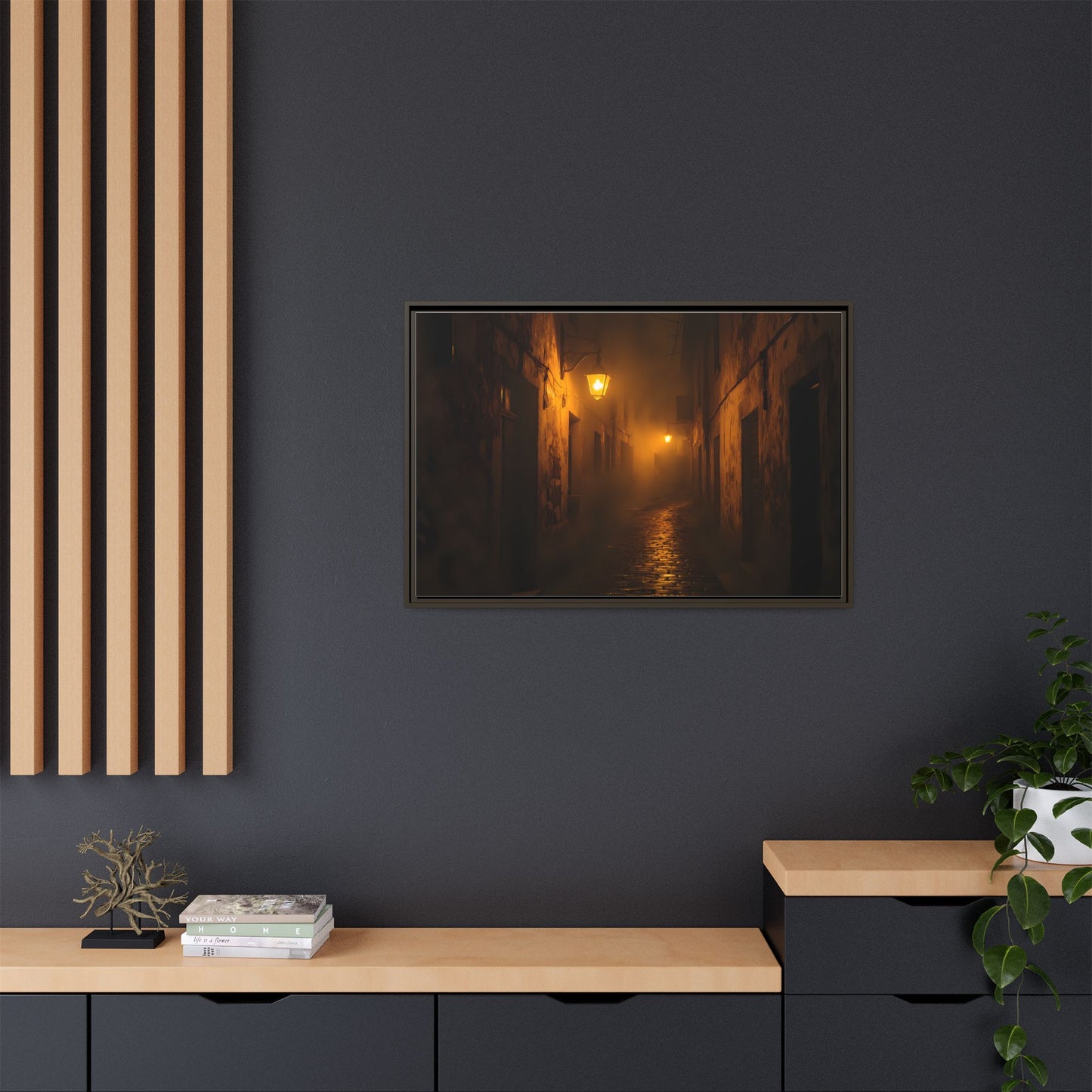 Framed Canvas Art, Foggy Street, Moody Wall Decor, Cozy Home Aesthetic, Gift for Art Lovers, Nighttime Atmosphere