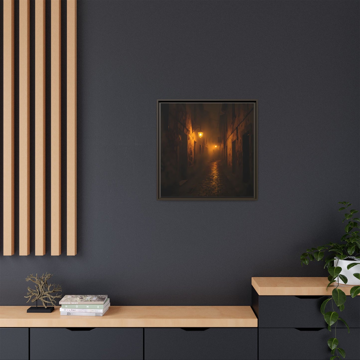 Framed Canvas Art, Foggy Street, Moody Wall Decor, Cozy Home Aesthetic, Gift for Art Lovers, Nighttime Atmosphere