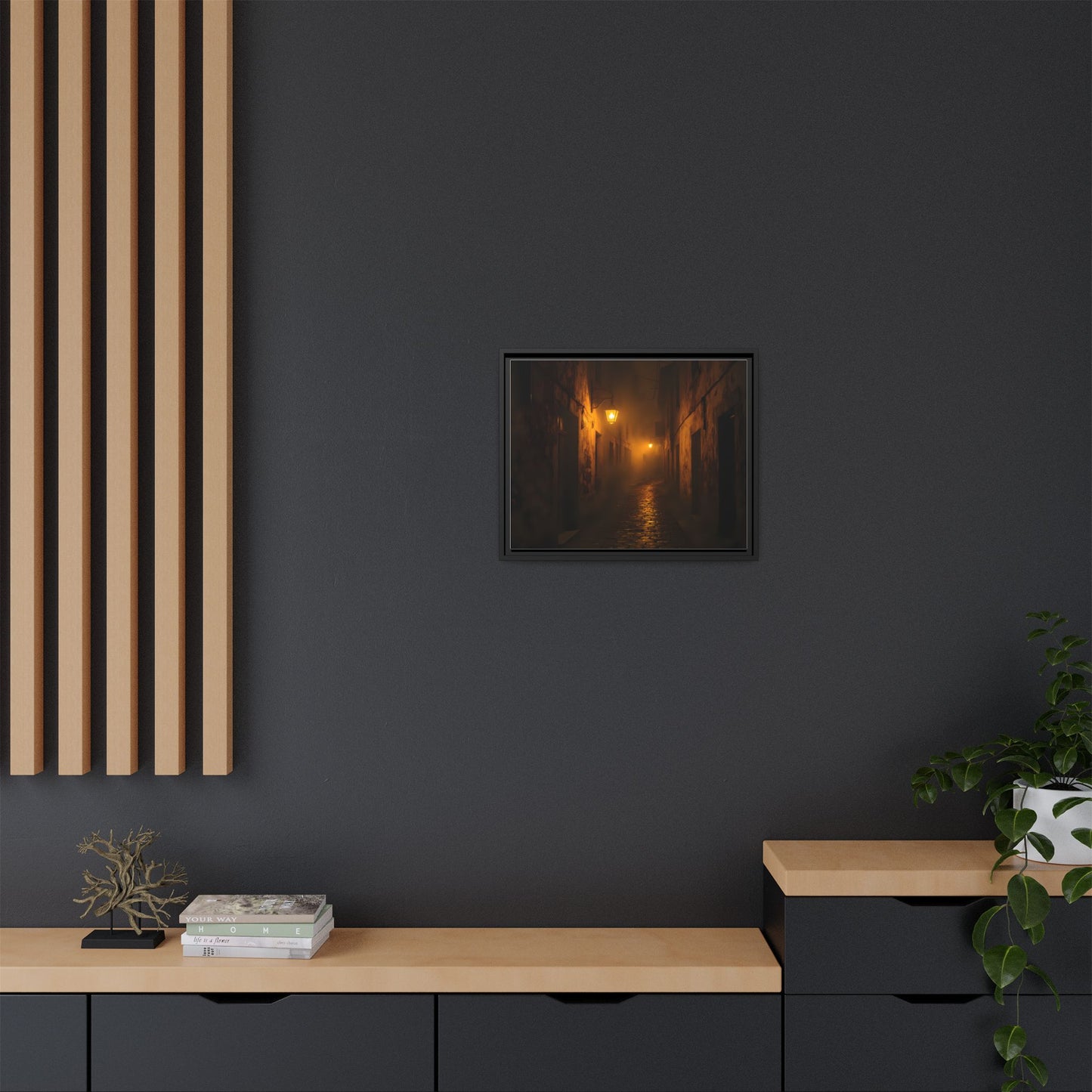 Framed Canvas Art, Foggy Street, Moody Wall Decor, Cozy Home Aesthetic, Gift for Art Lovers, Nighttime Atmosphere