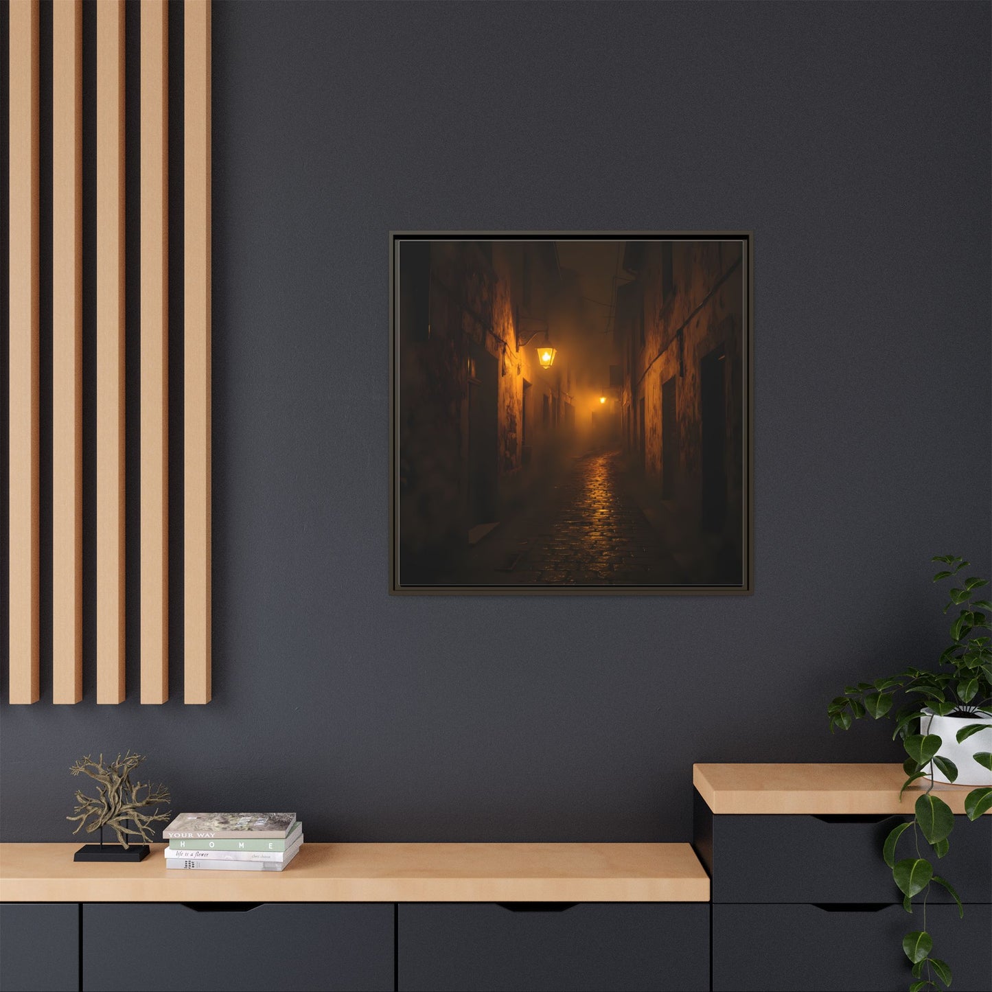 Framed Canvas Art, Foggy Street, Moody Wall Decor, Cozy Home Aesthetic, Gift for Art Lovers, Nighttime Atmosphere