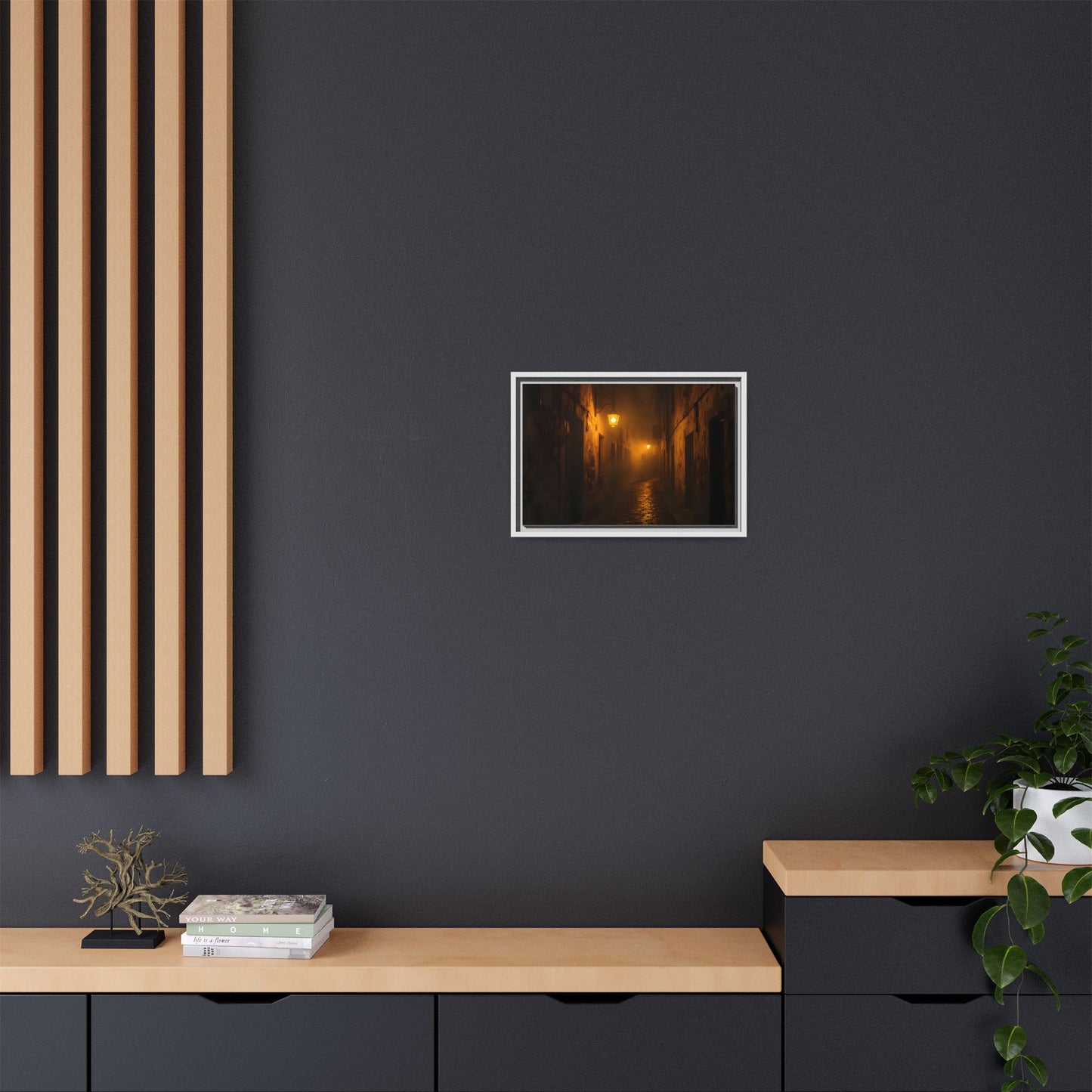 Framed Canvas Art, Foggy Street, Moody Wall Decor, Cozy Home Aesthetic, Gift for Art Lovers, Nighttime Atmosphere
