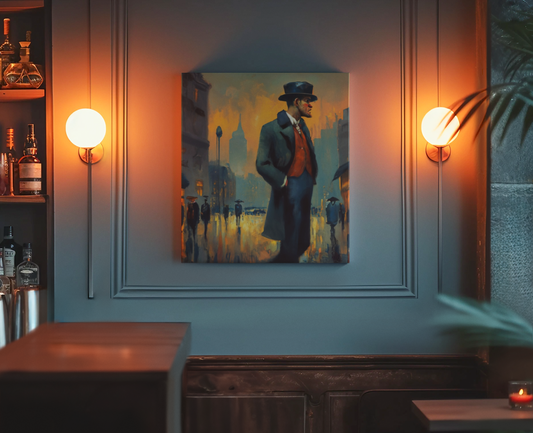 Urban Vintage Canvas Wall Art,The Hat Man, Metropolitan Decor, Cityscape Artwork, Gift for Home Lovers, Classic Street Scene