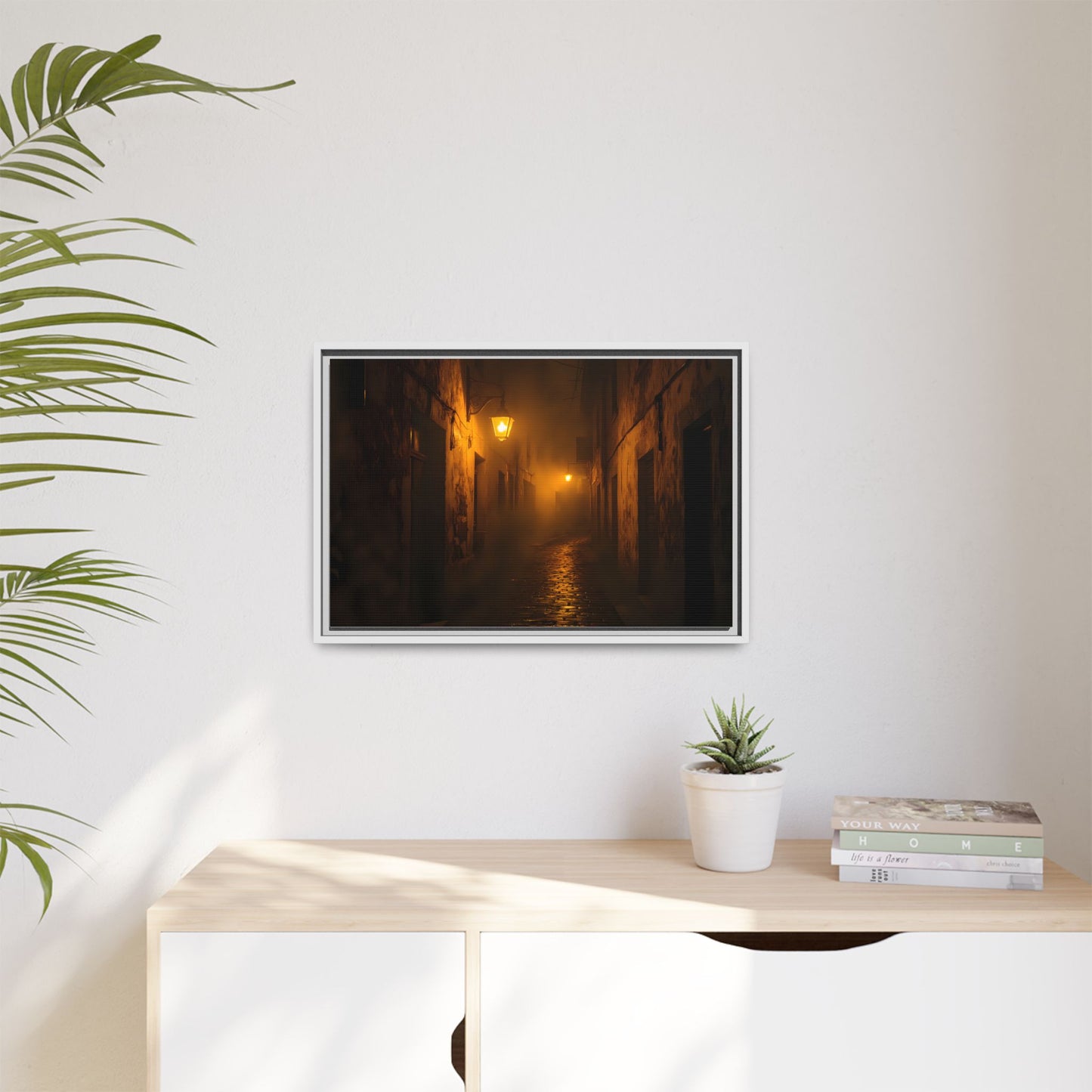 Framed Canvas Art, Foggy Street, Moody Wall Decor, Cozy Home Aesthetic, Gift for Art Lovers, Nighttime Atmosphere
