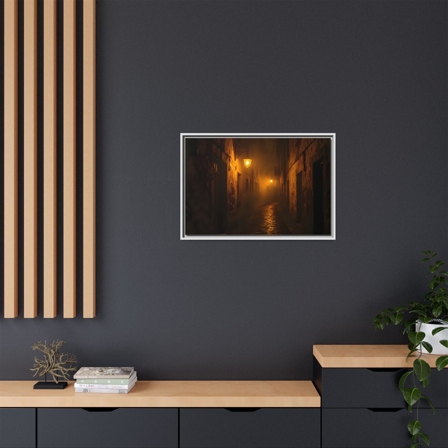 Framed Canvas Art, Foggy Street, Moody Wall Decor, Cozy Home Aesthetic, Gift for Art Lovers, Nighttime Atmosphere