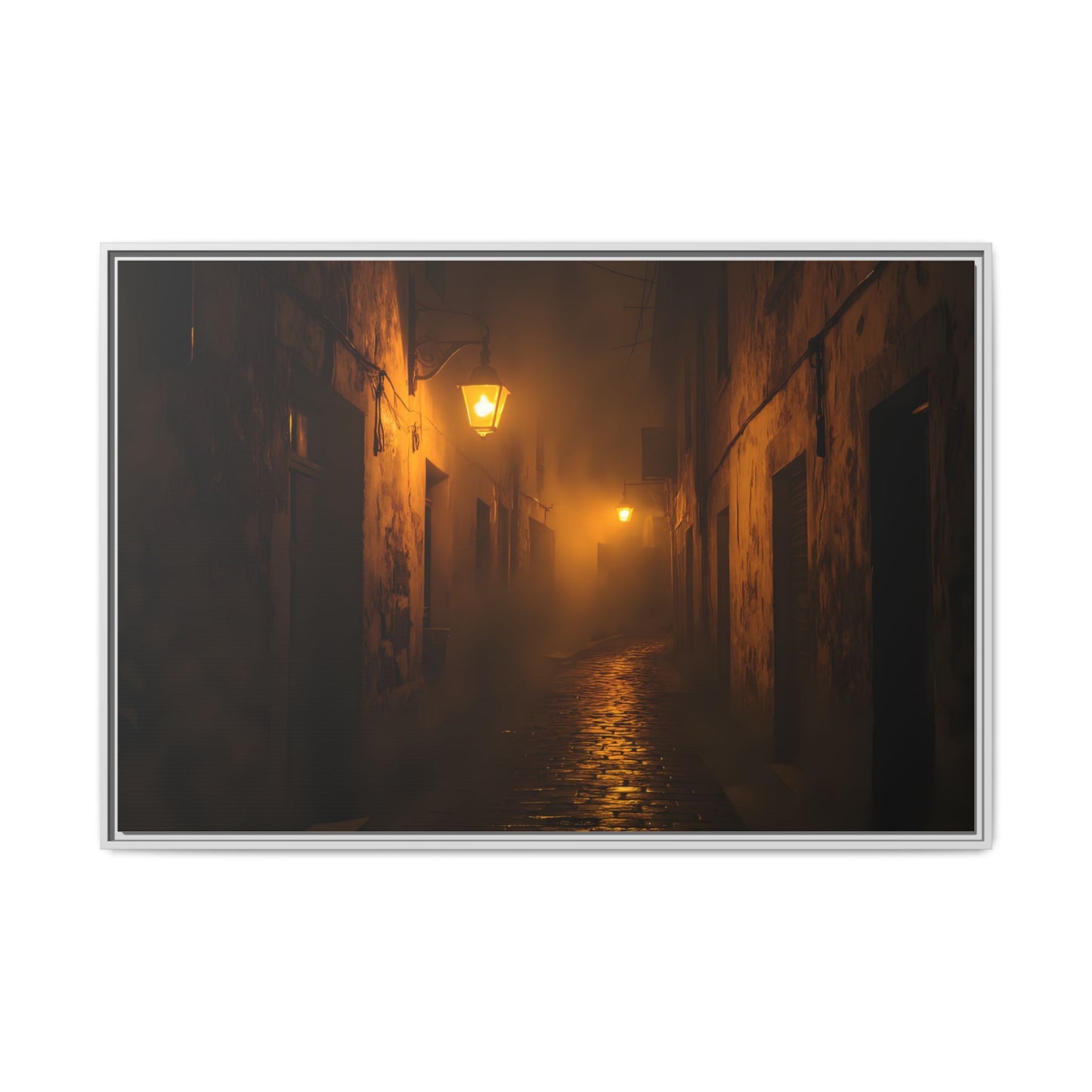 Framed Canvas Art, Foggy Street, Moody Wall Decor, Cozy Home Aesthetic, Gift for Art Lovers, Nighttime Atmosphere