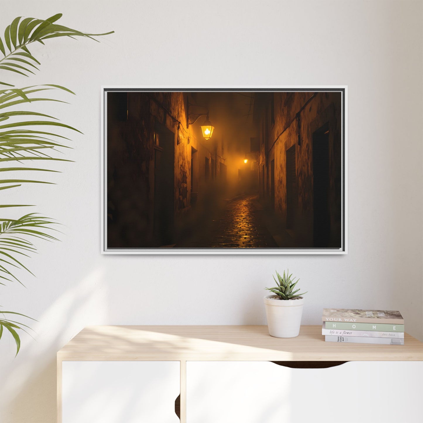 Framed Canvas Art, Foggy Street, Moody Wall Decor, Cozy Home Aesthetic, Gift for Art Lovers, Nighttime Atmosphere
