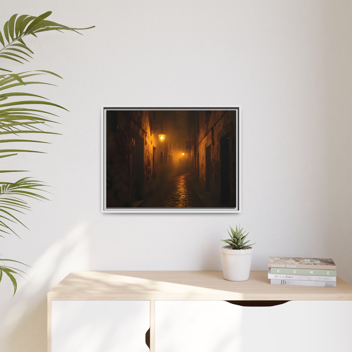 Framed Canvas Art, Foggy Street, Moody Wall Decor, Cozy Home Aesthetic, Gift for Art Lovers, Nighttime Atmosphere