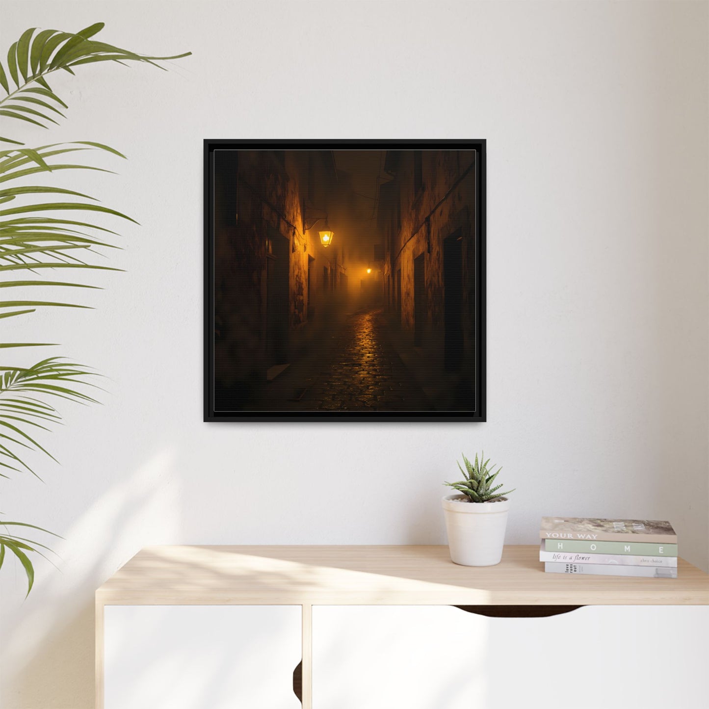 Framed Canvas Art, Foggy Street, Moody Wall Decor, Cozy Home Aesthetic, Gift for Art Lovers, Nighttime Atmosphere