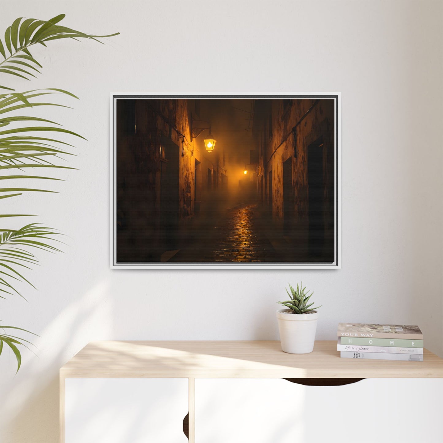 Framed Canvas Art, Foggy Street, Moody Wall Decor, Cozy Home Aesthetic, Gift for Art Lovers, Nighttime Atmosphere