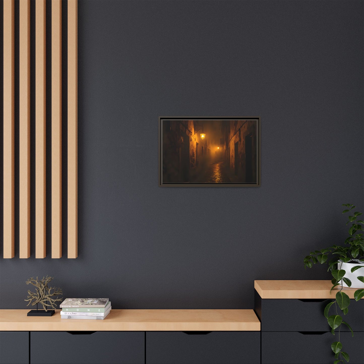 Framed Canvas Art, Foggy Street, Moody Wall Decor, Cozy Home Aesthetic, Gift for Art Lovers, Nighttime Atmosphere