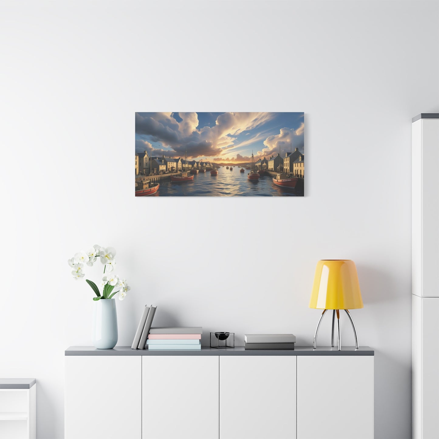 Serene Harbor Canvas Print, Nautical Wall Art, Coastal Home Decor, Sunset Artwork, Gift for Beach Lovers, Scenic Artwork