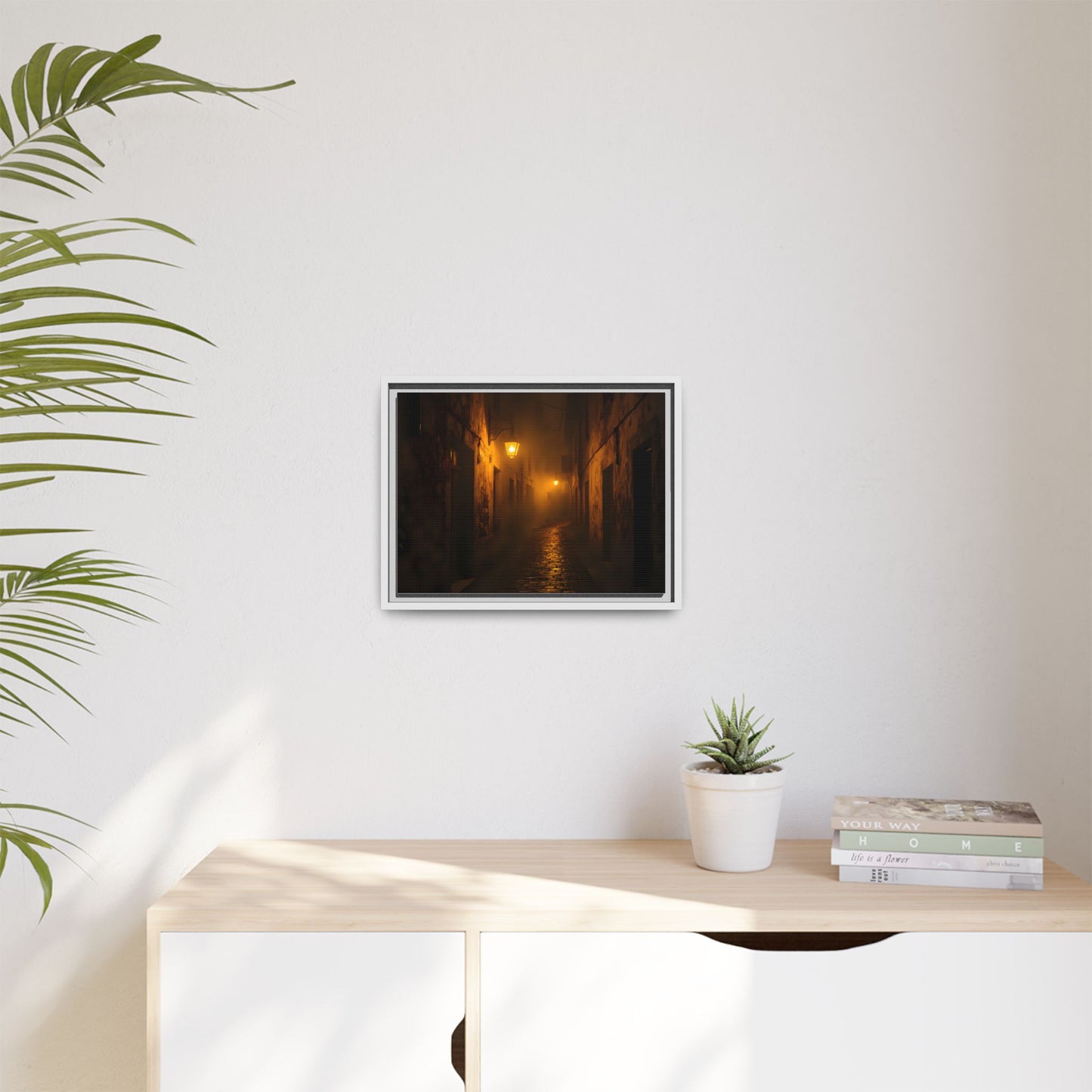 Framed Canvas Art, Foggy Street, Moody Wall Decor, Cozy Home Aesthetic, Gift for Art Lovers, Nighttime Atmosphere