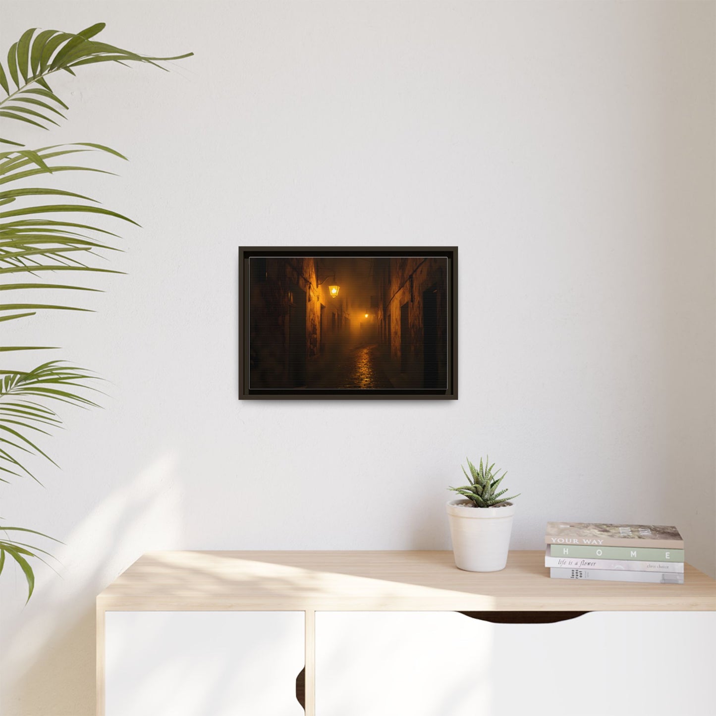 Framed Canvas Art, Foggy Street, Moody Wall Decor, Cozy Home Aesthetic, Gift for Art Lovers, Nighttime Atmosphere