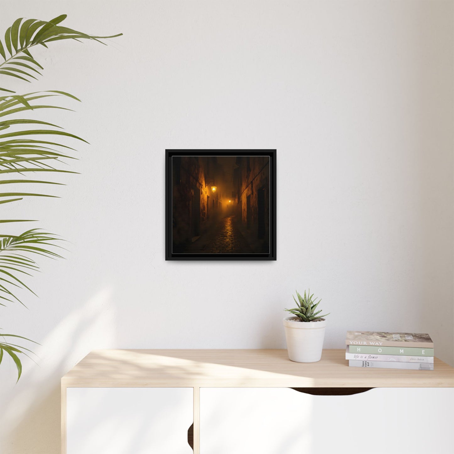 Framed Canvas Art, Foggy Street, Moody Wall Decor, Cozy Home Aesthetic, Gift for Art Lovers, Nighttime Atmosphere