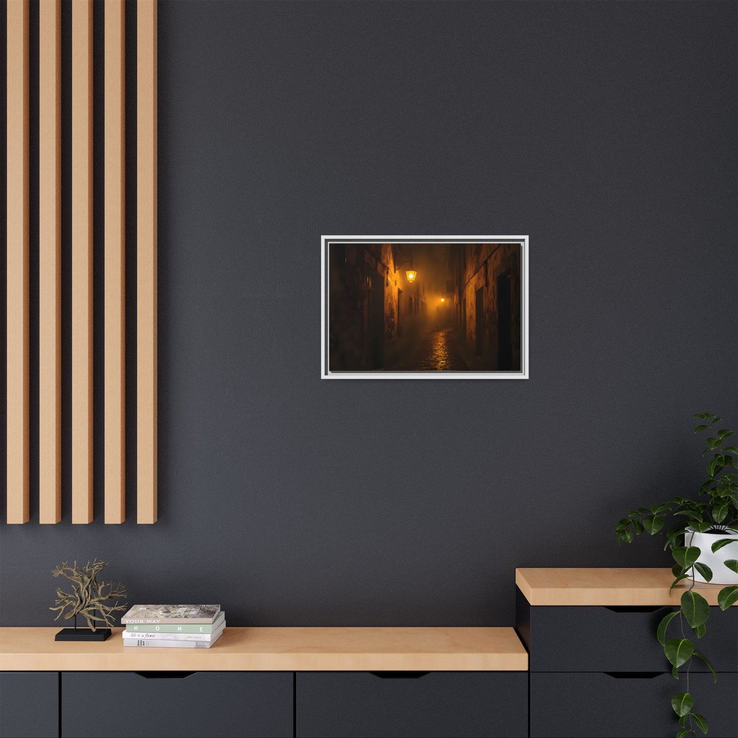 Framed Canvas Art, Foggy Street, Moody Wall Decor, Cozy Home Aesthetic, Gift for Art Lovers, Nighttime Atmosphere