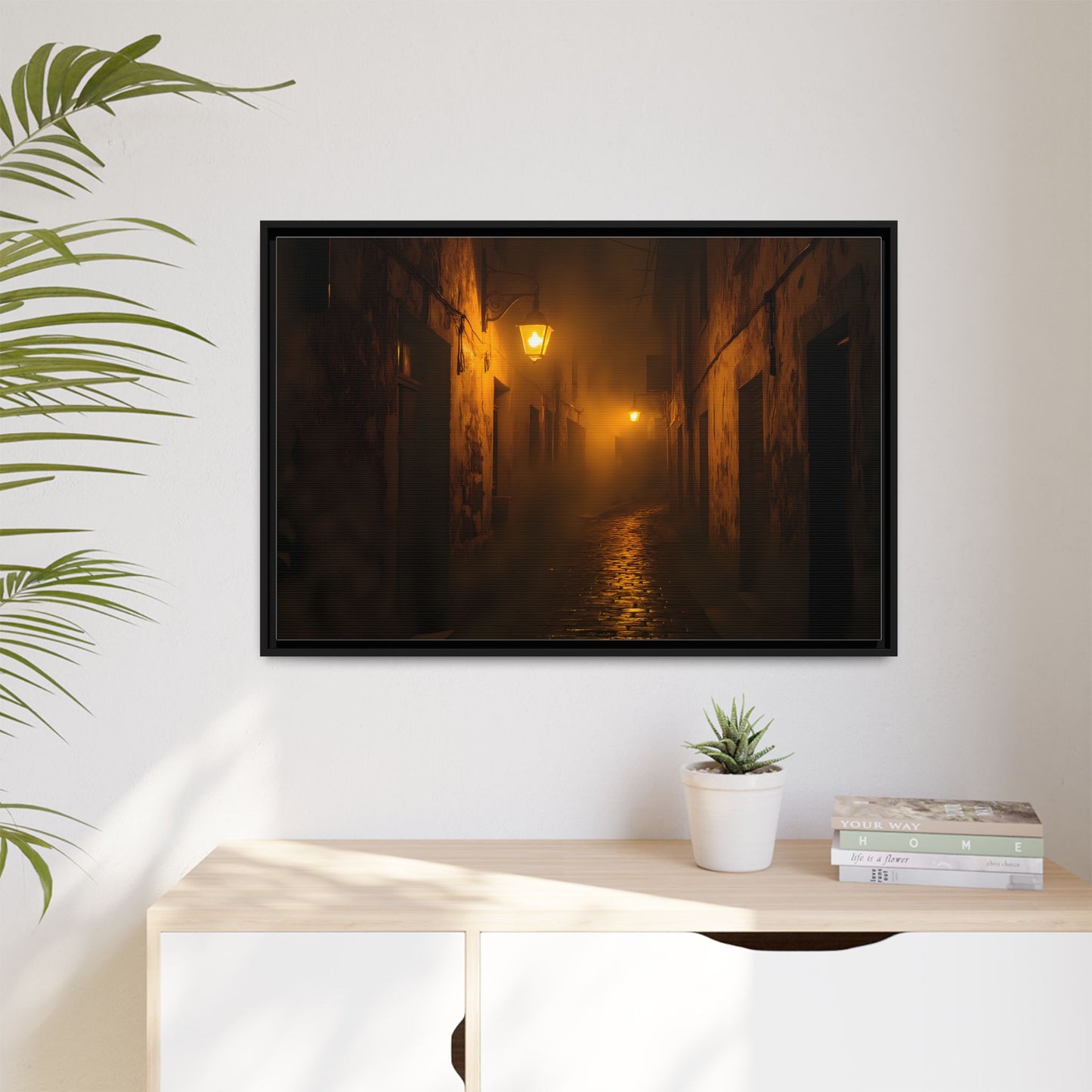 Framed Canvas Art, Foggy Street, Moody Wall Decor, Cozy Home Aesthetic, Gift for Art Lovers, Nighttime Atmosphere