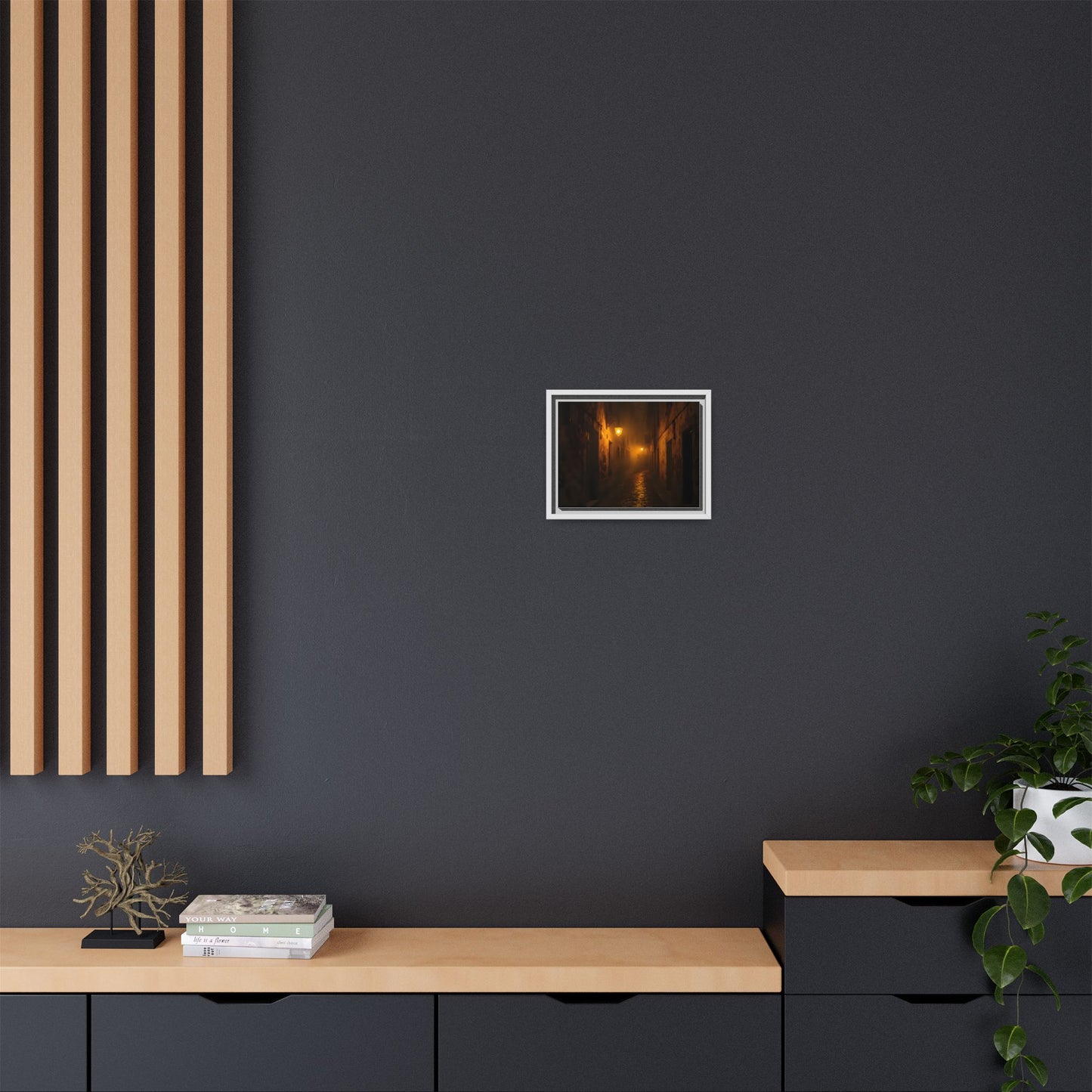 Framed Canvas Art, Foggy Street, Moody Wall Decor, Cozy Home Aesthetic, Gift for Art Lovers, Nighttime Atmosphere